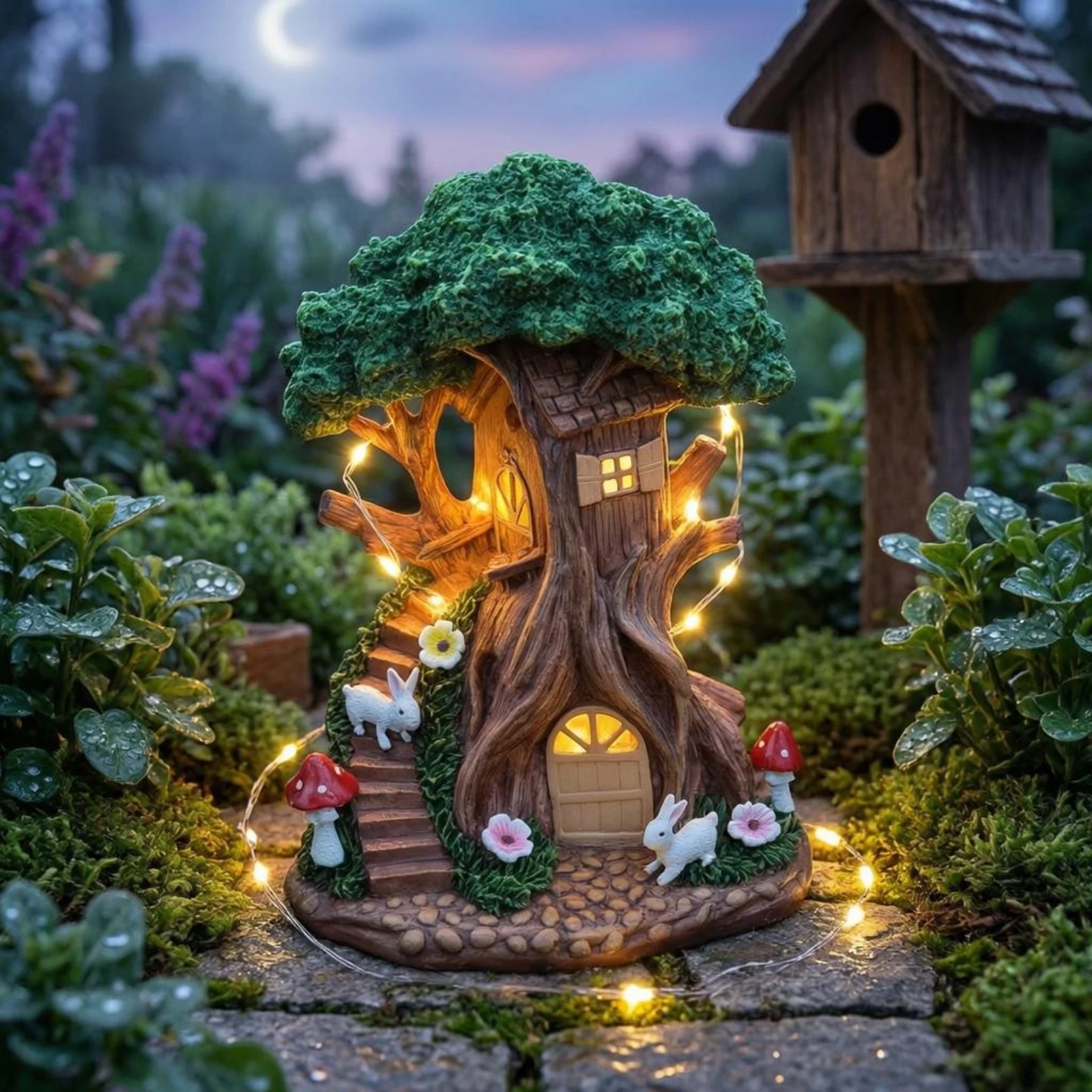 Solar Rabbit Garden Statue Resin Solar Tree House Treehouse Figurine Leafy Canopy Miniature Ornament Decorative view 3
