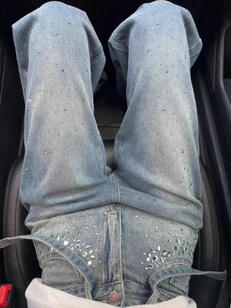 

Синие джинсовые свободные широкие брюки с высокой талией в стиле ретро, украшенные бриллиантами для женщин, летние новые повседневные джинсы