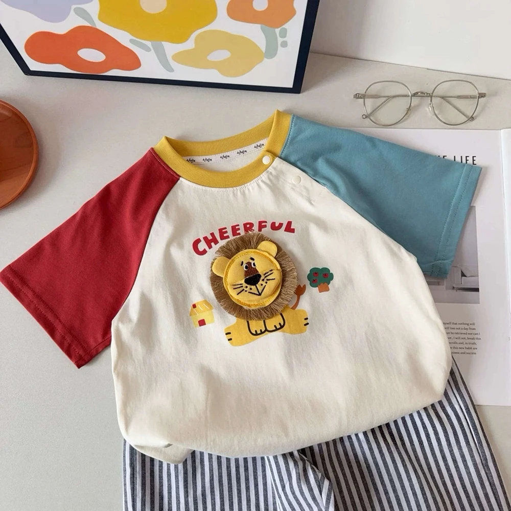 Contrast Color Kids T-shirts 2026 New Summer 3D Lion Cartoon Short Sleeve T-Shirt for Girls Boys Casual Children Tees Tops