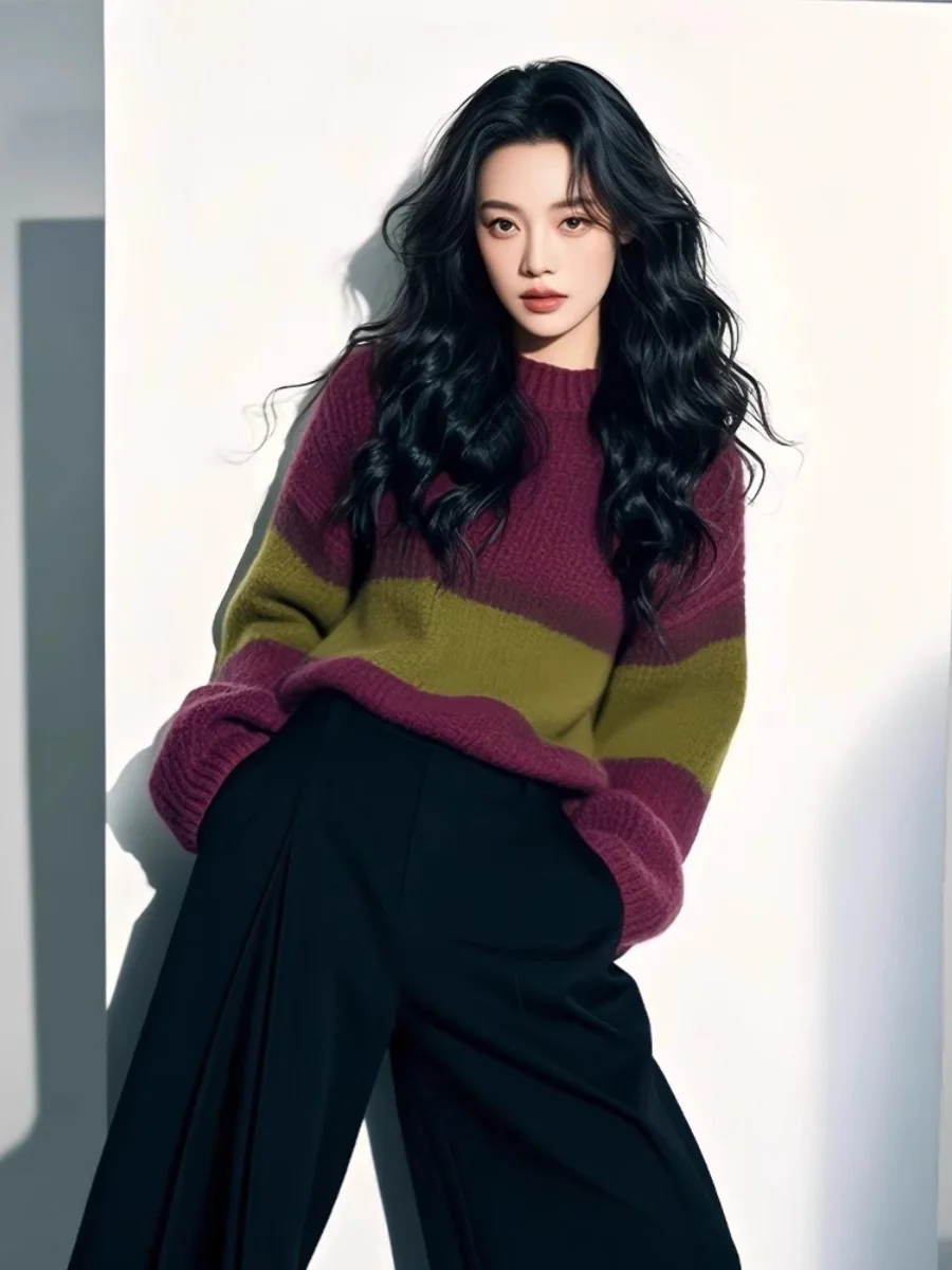 

Color Block Striped Knit Sweater Women's Winter Fashion Lazy Style Unique Beautiful Warmth Comfortable Long Sleeve round Neck...