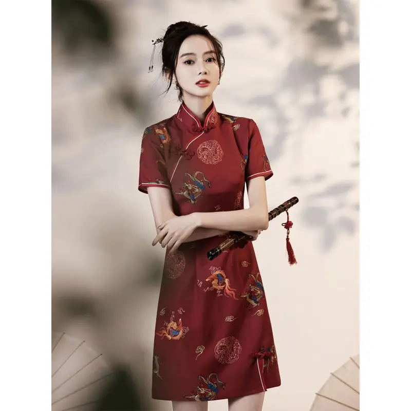 China National Style Qipao Fashion Red Spring Summer Short Print Vintage Slim Modern Women 2023 Women Cheongsam Chinese Dress