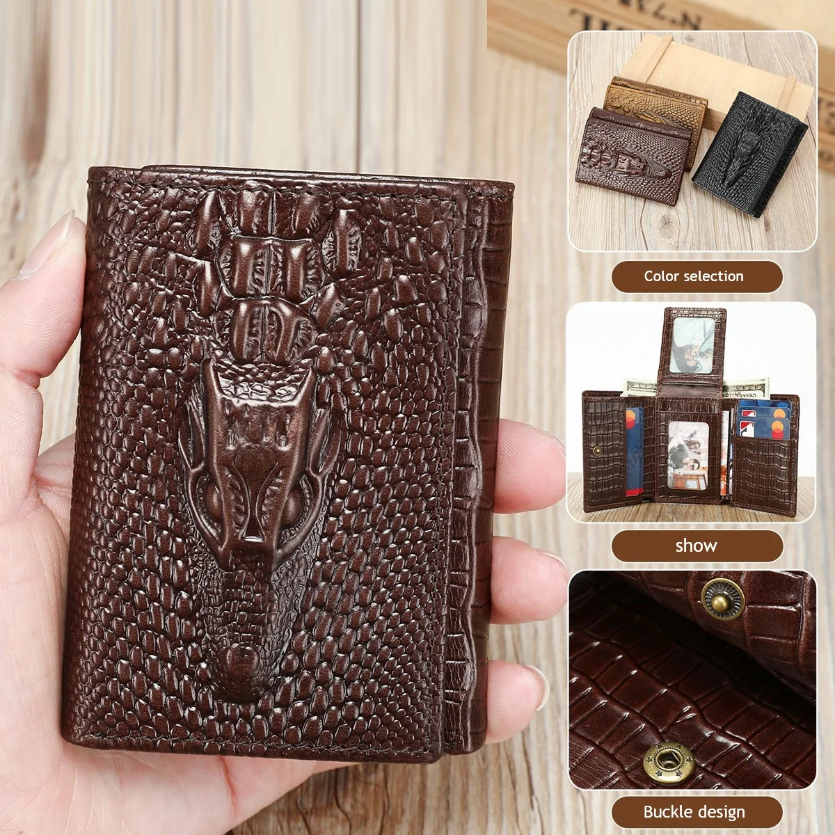 กระเป๋าสตางค์แฟชั่น MVA แบบพับสั้น กระเป๋าคลัทช์ใส่บัตร หนังลายจระเข้ ช่องใส่บัตรหลายช่อง กระเป๋าเงินสไตล์วินเทจ