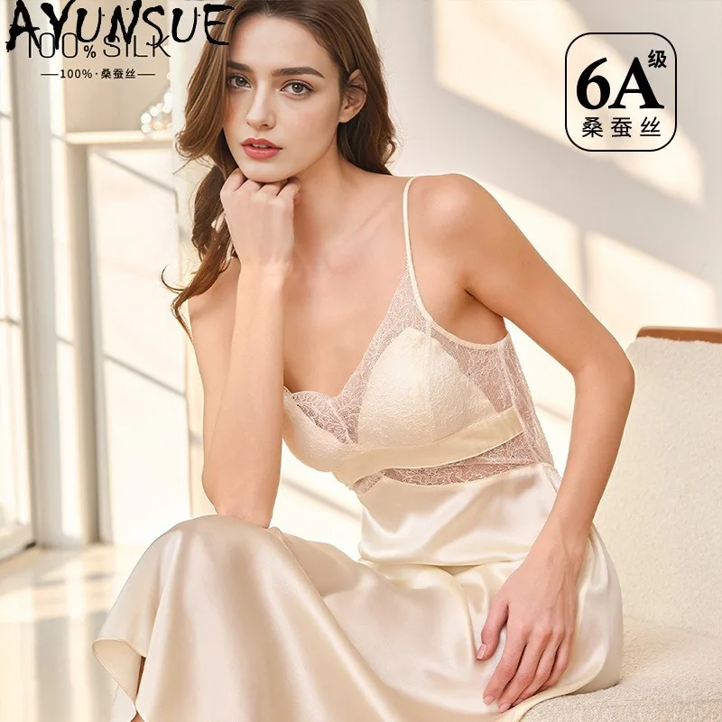 

AYUNSUE 100% Silk Night Dress Woman Hollowed-out Sleeveless Dresses for Women Nightgown with Chest Pad Pajamas for Woman Женская
