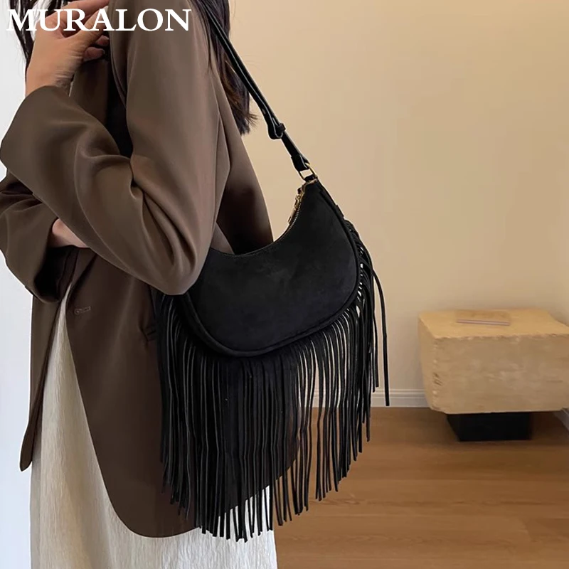 Suede Leather Tassel Shoulder Bag 2024 New Niche Design Vintage Crossbody Saddle Bag Fashion Female Shopping Armpit Bag Handbags