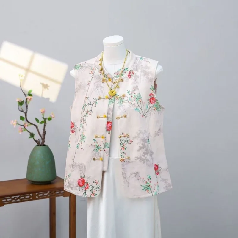 Buckle Fashion Vest Jacquard Spring New Chinese Retro Waistcoat Sleeveless Vest Women Coat Mujer Single-button Cardigan Tops