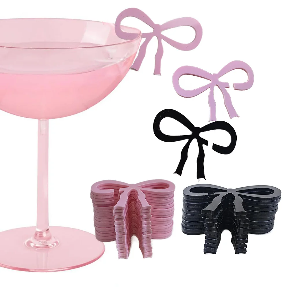 5/10/20/30/50 Uds. Etiquetas para bebidas con lazo rosa y negro, etiqueta para taza de bebida y vino, decoraciones individuales para fiesta de cumpleaños y boda