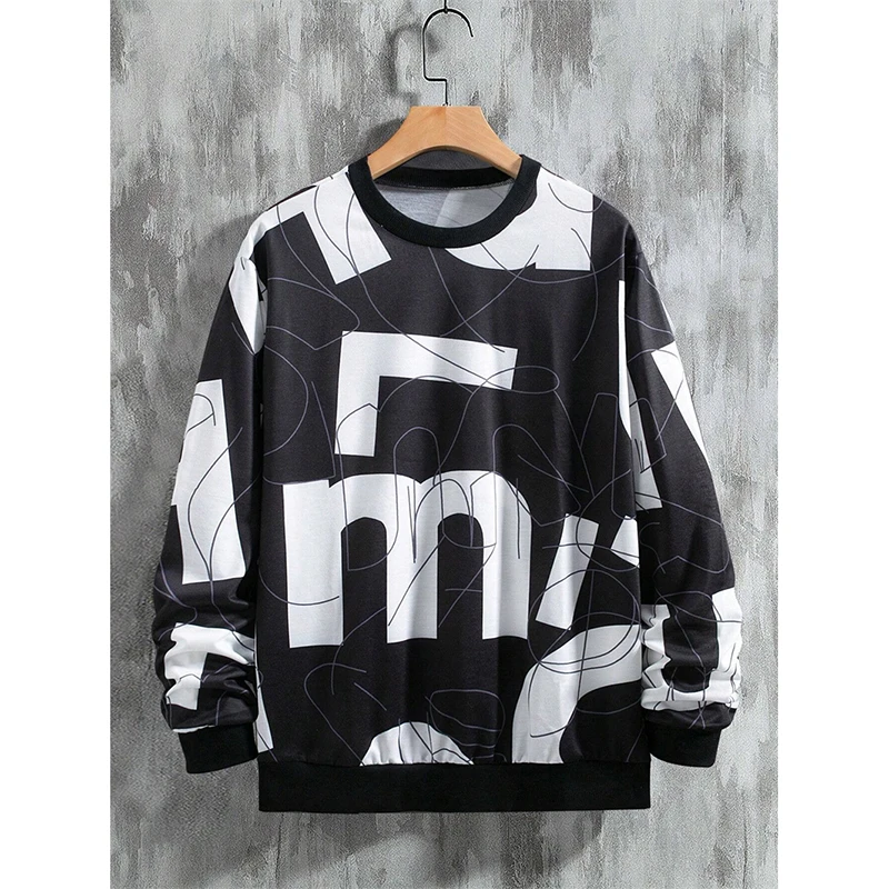 3D Print Letter Graffiti Graphic Men's Sweatshirt Autumn Street Personality Round Neck Pullover Loose Harajuku Y2k Style Clothes