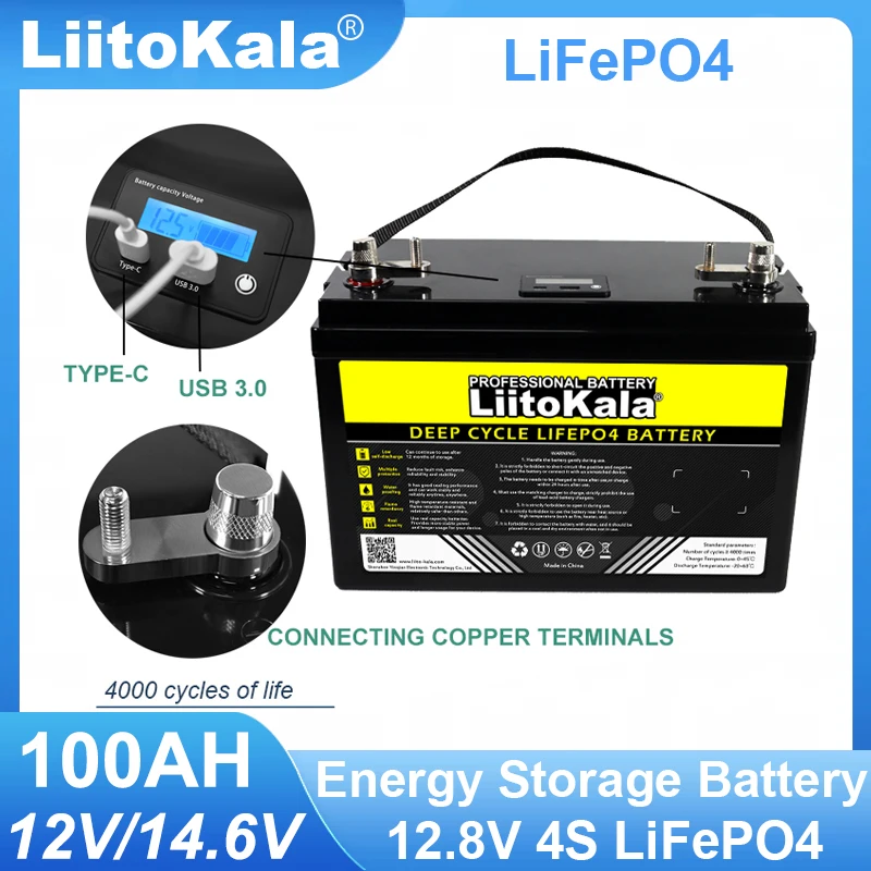 LiitoKala-paquete de baterías LiFePO4 de 12,8 V, 100Ah, 12V, litio, hierro, fosfato, 4000 ciclos, inversor, encendedor de coche, Solar, libre de