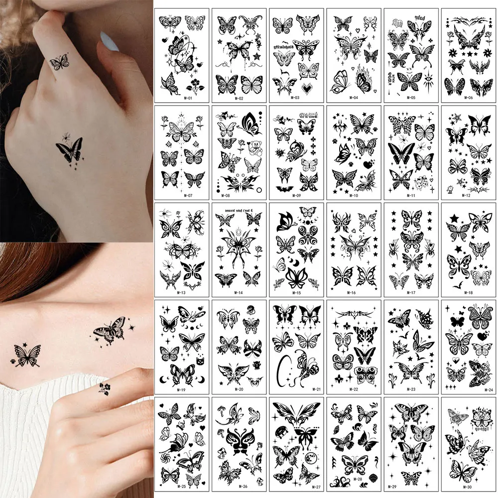 30pcs Black Butterfly Fake Tattoo for Women Waterproof Temporary Tattoos Suitable for Arm Body Realistic Tattoo Sticker Girls