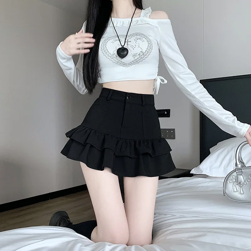 High waisted pleated skirt women\'s A-line skirt 2024 autumn and winter thick slimming skirt ruffle edge cake skirt short skirt