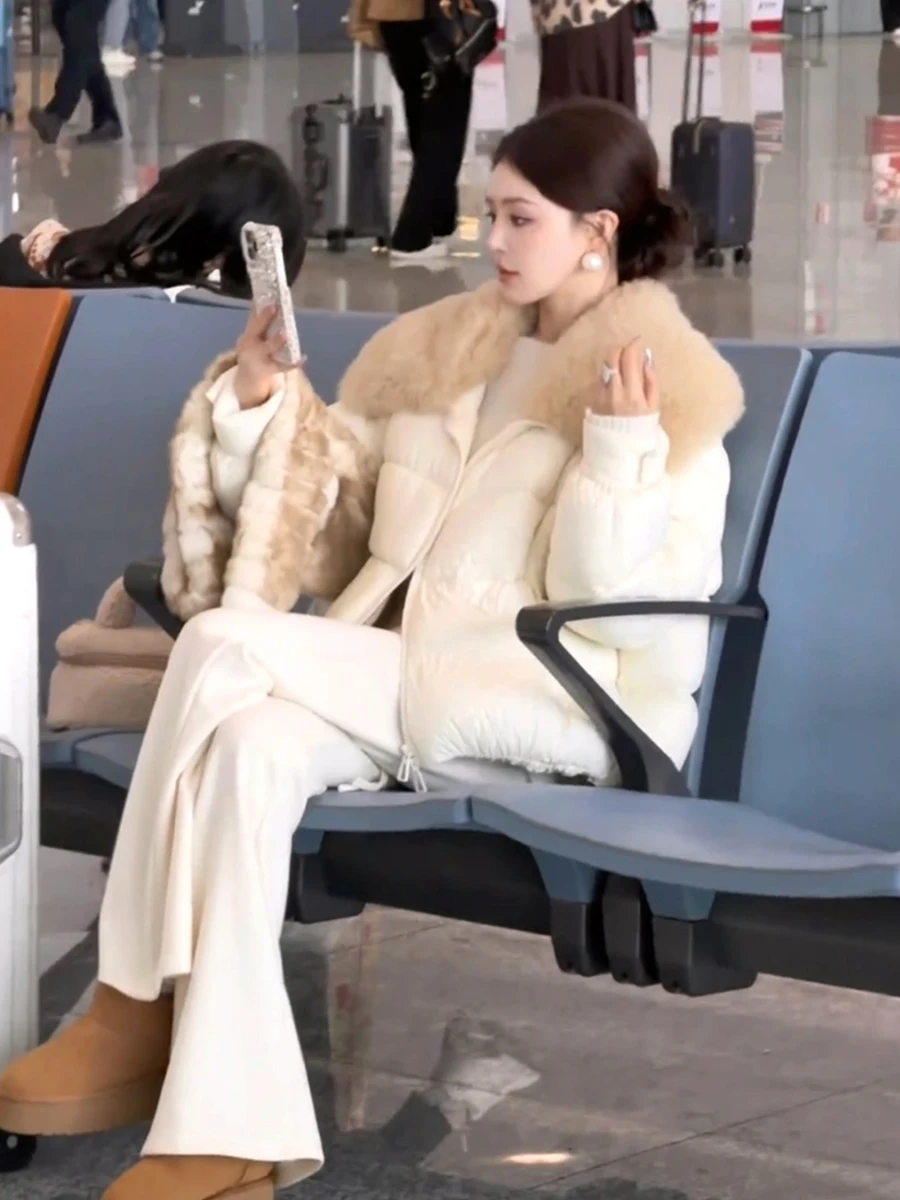 

Premium Women's Parka Sle down Jaet Mid-Length Thiened Large Fur Collar Warm White Outerwear Korean Sle Loose Fit