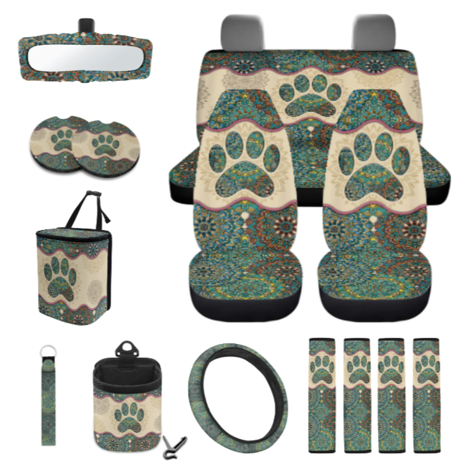 Coloranimal Dog Paw 15 Pack with Collapsible Car Coasters and Car Rear View Mirror Cover for Automotive