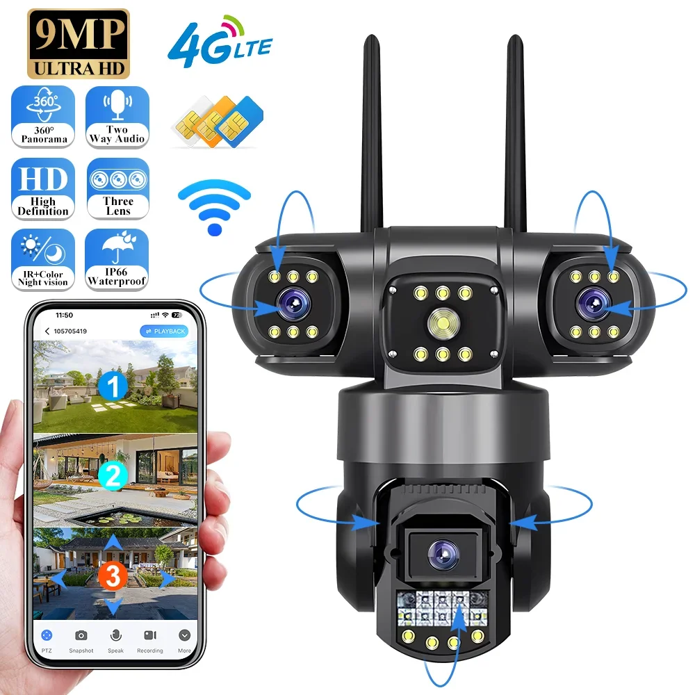 V380 Pro 4G Outdoor Waterproof Camera With Sim Card 8MP 4K Three Lens Monitor Night Vision Security PTZ WiFi CCTV Home IP Camera