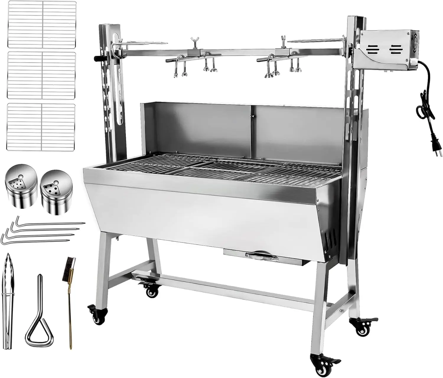 Stainless Steel Rotisserie Grill With Back Cover Guard, 25W Motor Small Pig Lamb Rotisserie Roaster, 37'' 2 In 1 Bbq Charcoal