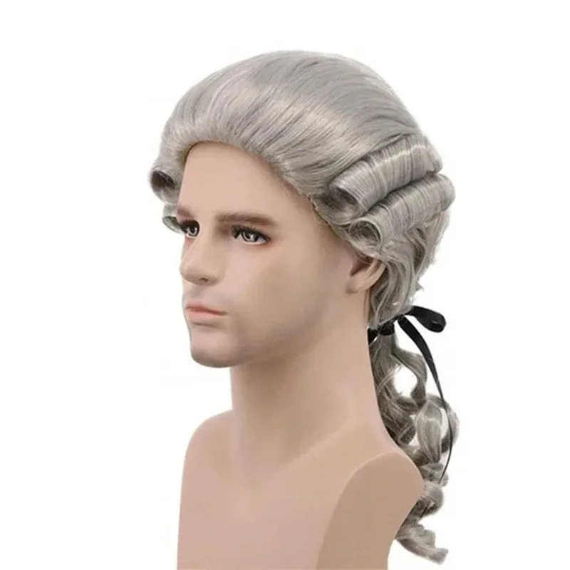 

2025 Хэллоуин Юрист Судья Барокко Косплей Вьющийся Парик Серый Белый Черный Коричневый Мужской Парик Волосы Делюкс Исторический Длинный Синтетический Парик