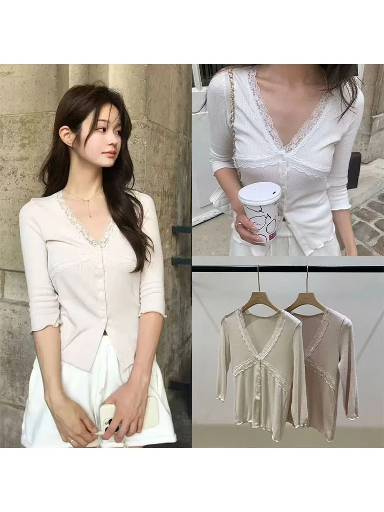 Slim Fit Lace Insert Button up Cardigan V Neck Sleeveless Top Korean Style Fashion Commute Cotton Long Sleeve T-Shirt