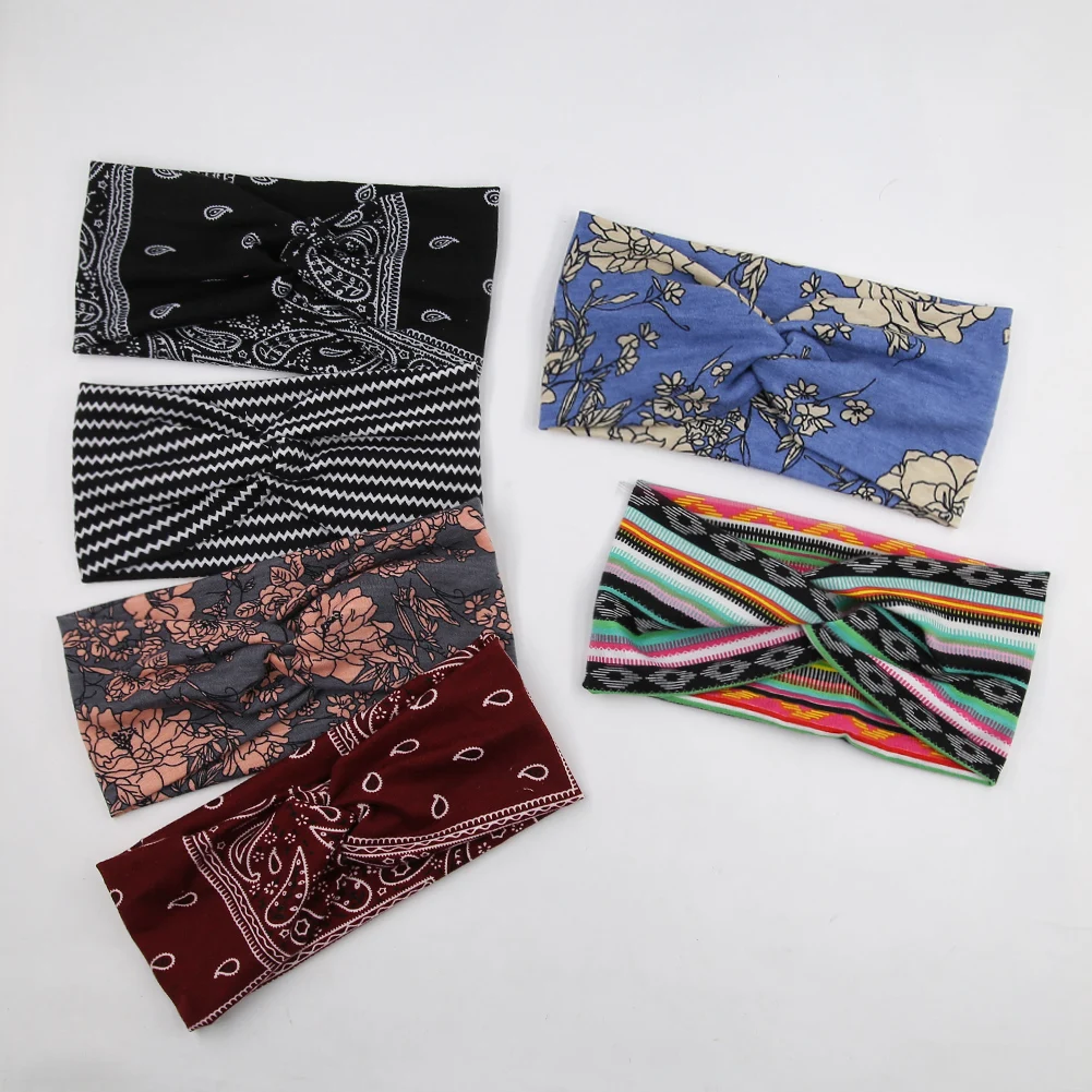 

Woman Girls Sporty Headbands Flower Print Wide Edge Cotton Yoga Absorbs Sweat Headpiece Bandage Bohemia Hairbands Soft Hair Ties