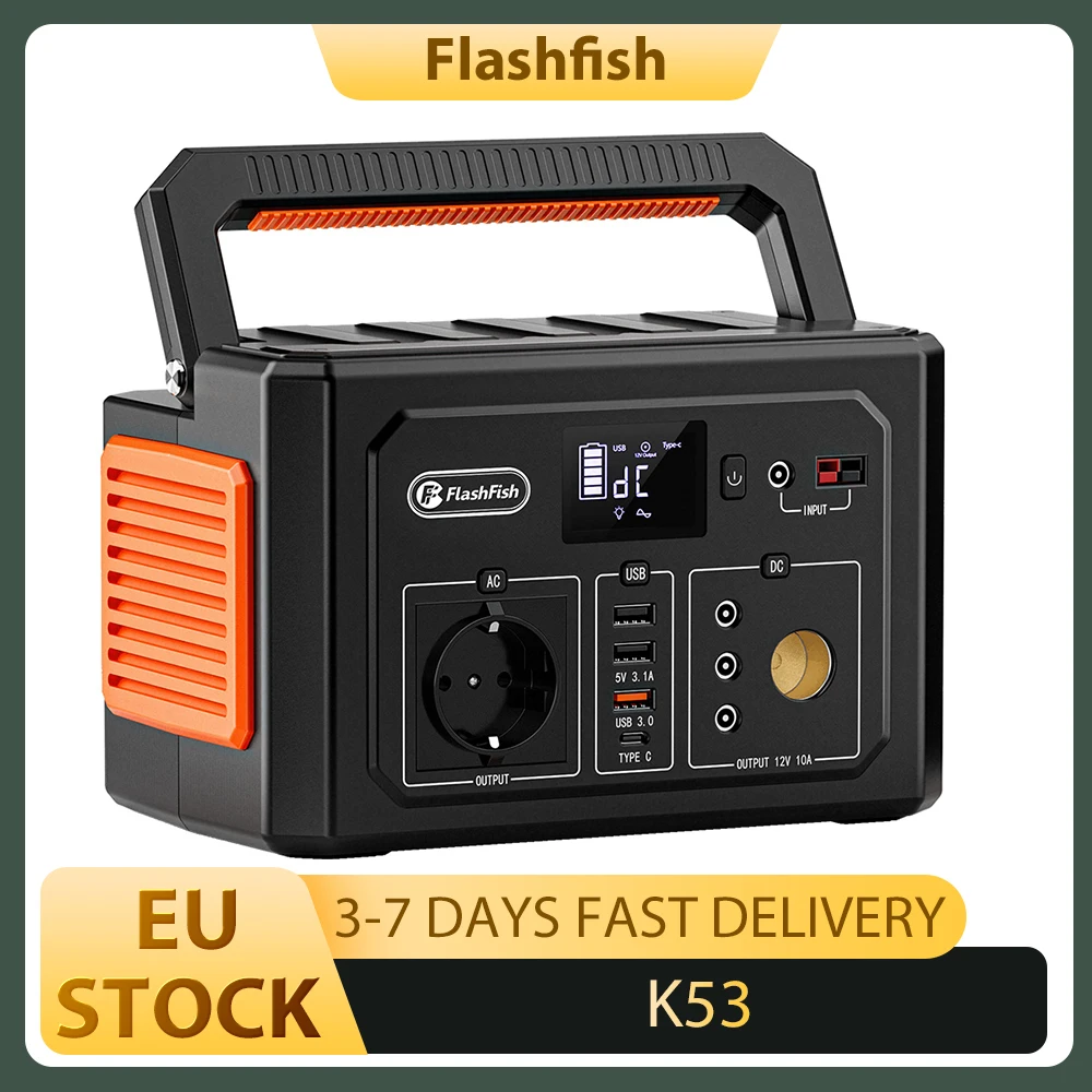 Station d'alimentation portable FlashFish K53, capacité de 400 Wh, batterie lithium-ion de 109200 mAh, sortie AC de 400 W, 8 sorties, USB-A/USB-C QC3.0, entrée DC 15 V/4 A, 3 méthodes de charge, lumière LED intégrée
