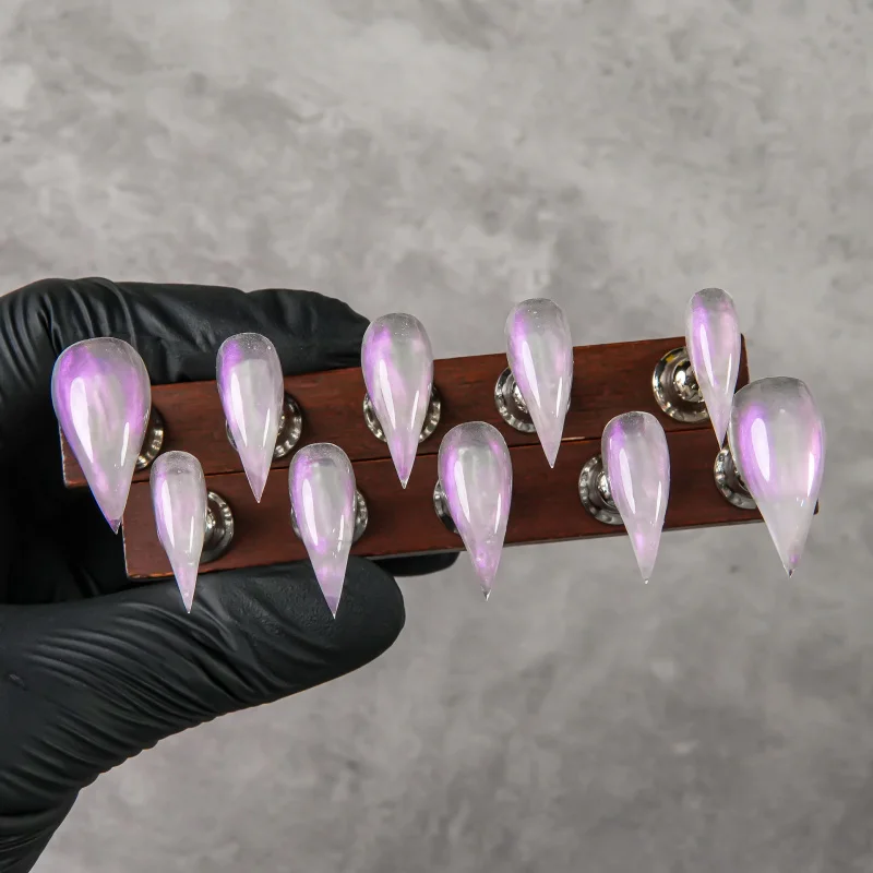 Super Long Curved Stiletto Press On Nails Jelly Light Purple Aurora Cat Eye Transparent Fake Nails Glossy Handmade Reusable Fals