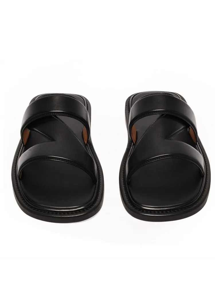 Summer New Men Genuine Leather Slides Outside Cowhide Beach Slippers Flats Open Toe Antiskid Platform Shoes Comfortable Slippers