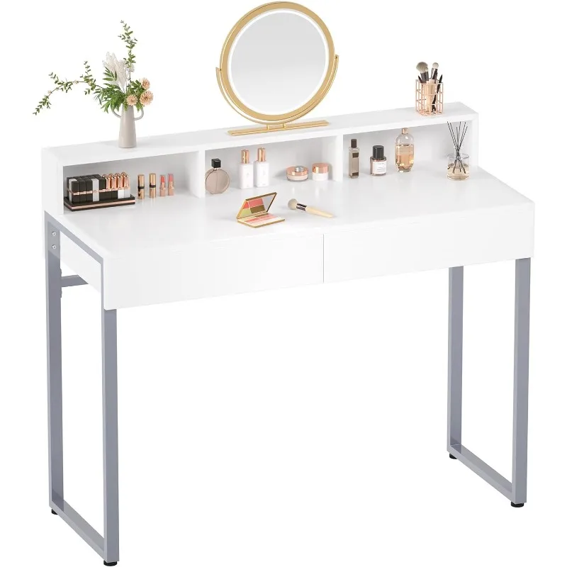 

Vanity Desk with 2 Drawers,White Makeup Desk with 3 Storage Spaces,39.4inch Small Desk for Bedroom with Metal Legs