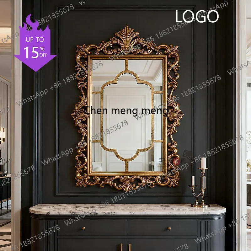 European retro fireplace decoration carved makeup mirror French villa entrance background wall wall wall hanging square mirror
