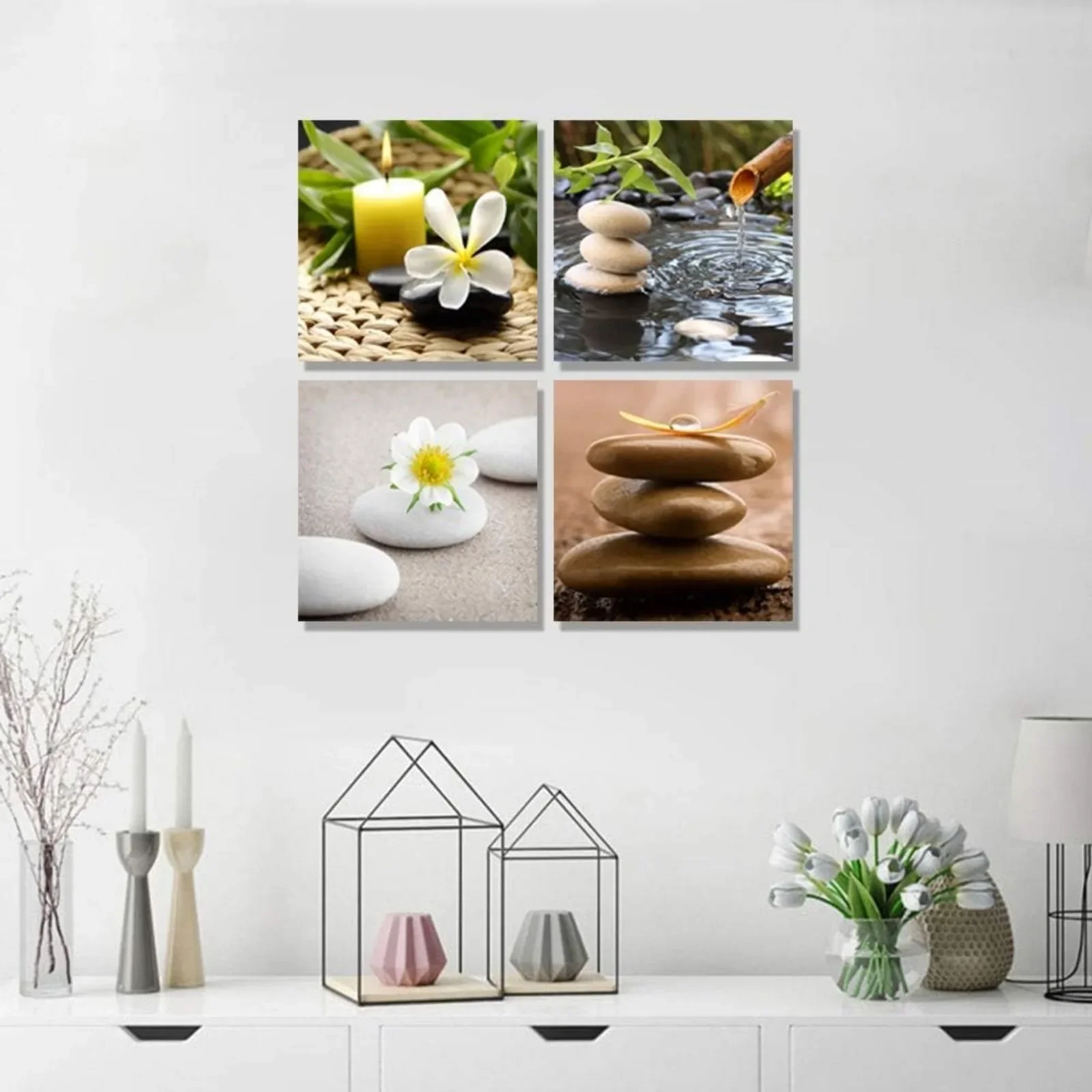 Wind Zen Canvas Wall Art Spa Still Life with Green Bamboo Fountain and Zen Stone Jasmine Flower Painting Pictures for Home