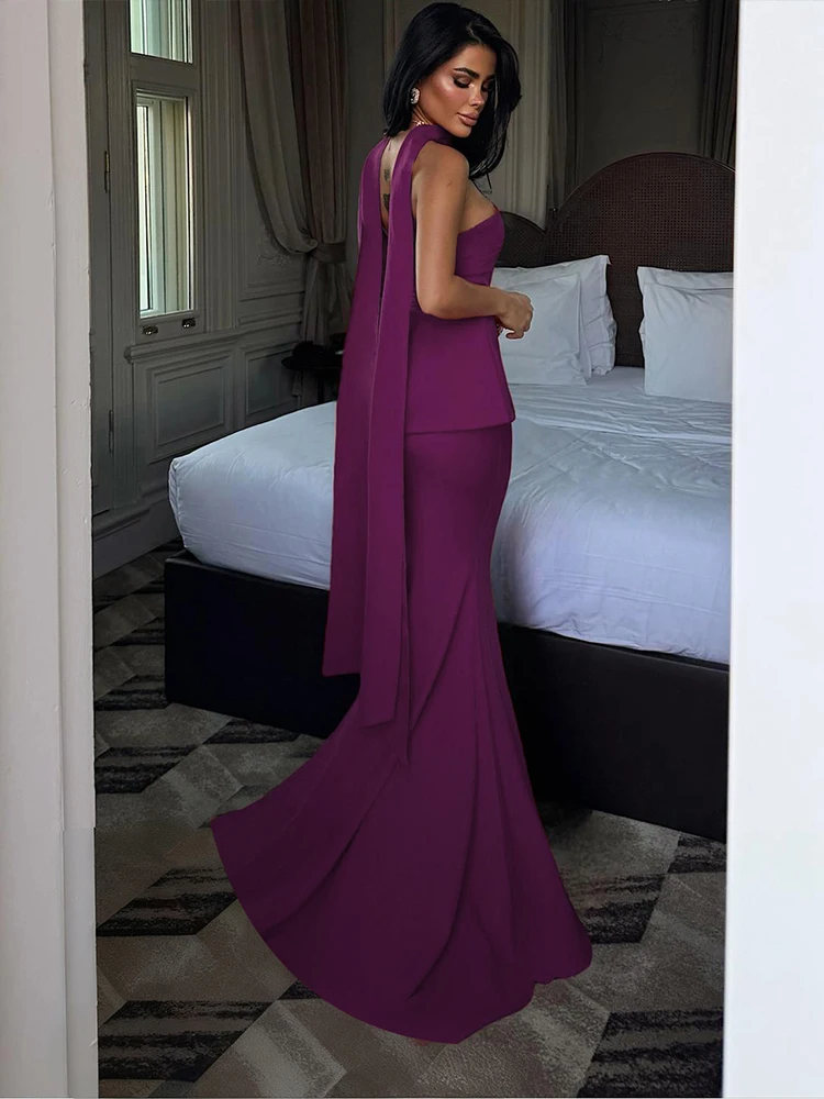 Kliou 우아한 Ruched Maxi 원피스 여성 Halter Long Ribbon Wrap Chest Off Shoulder Backless Midnight Prom Party Skinny Vestidos