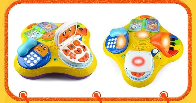 Mesa multifuncional dos desenhos animados engraçados para educação infantil, livro, laptop, telefone, aprendizado de piano, mesa musical, presente de brinquedo, 4 em 1