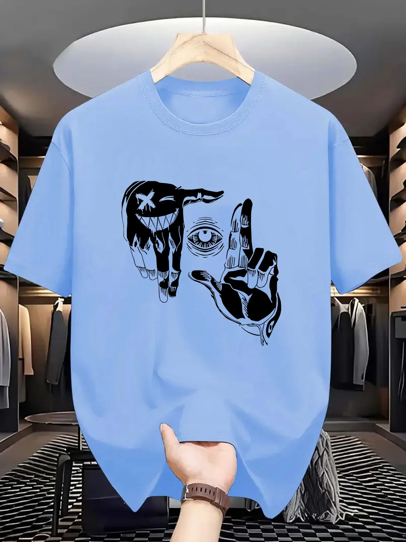 Summer men's 100% pure cotton casual loose plus size gesture eye personalized pattern printed round neck short sleeved T-shirt image 4