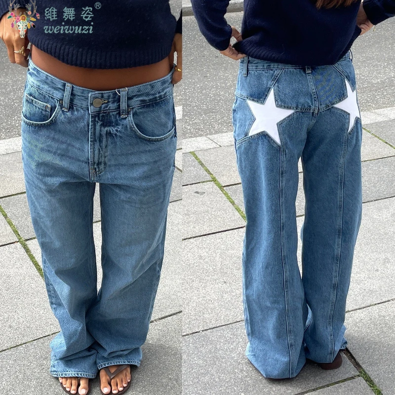 Dżinsy damskie z wzorem gwiazd, luźne spodnie dżinsowe, jesień-zima, codzienne, seksowne, z niskim stanem, szerokie nogawki, styl Y2k, streetwear dla dziewczyn.