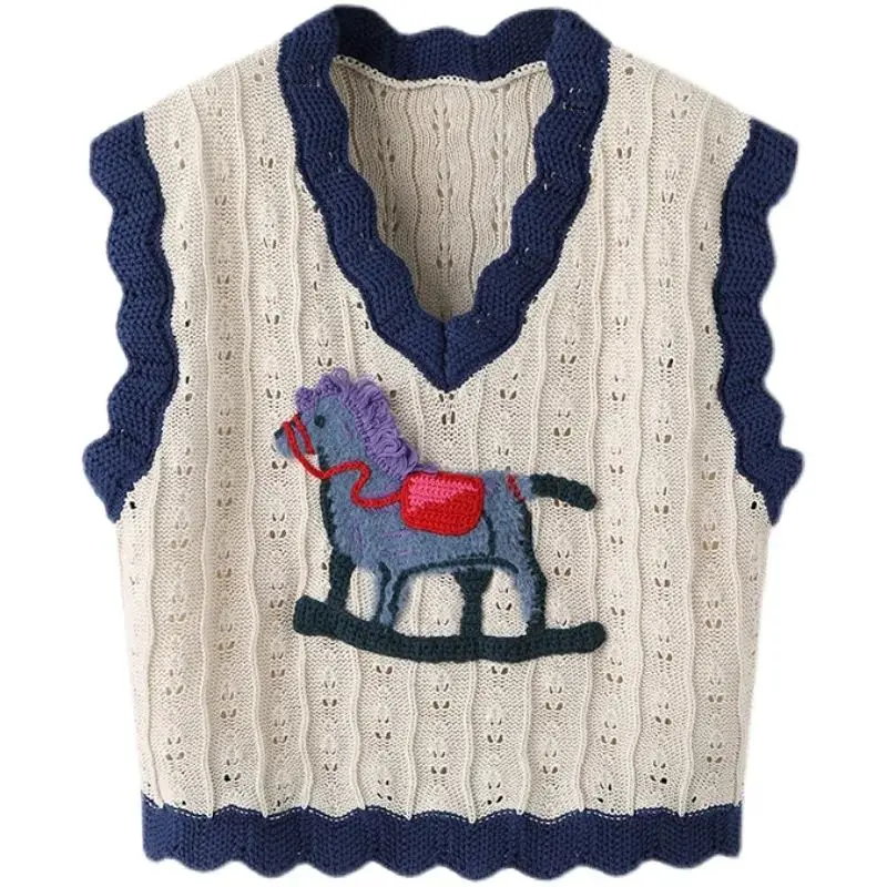 

Summer Vintage Chic V-neck Knitted Vest Women Korean Fashion Cartoon Embroidery Sleeveless Sweater
