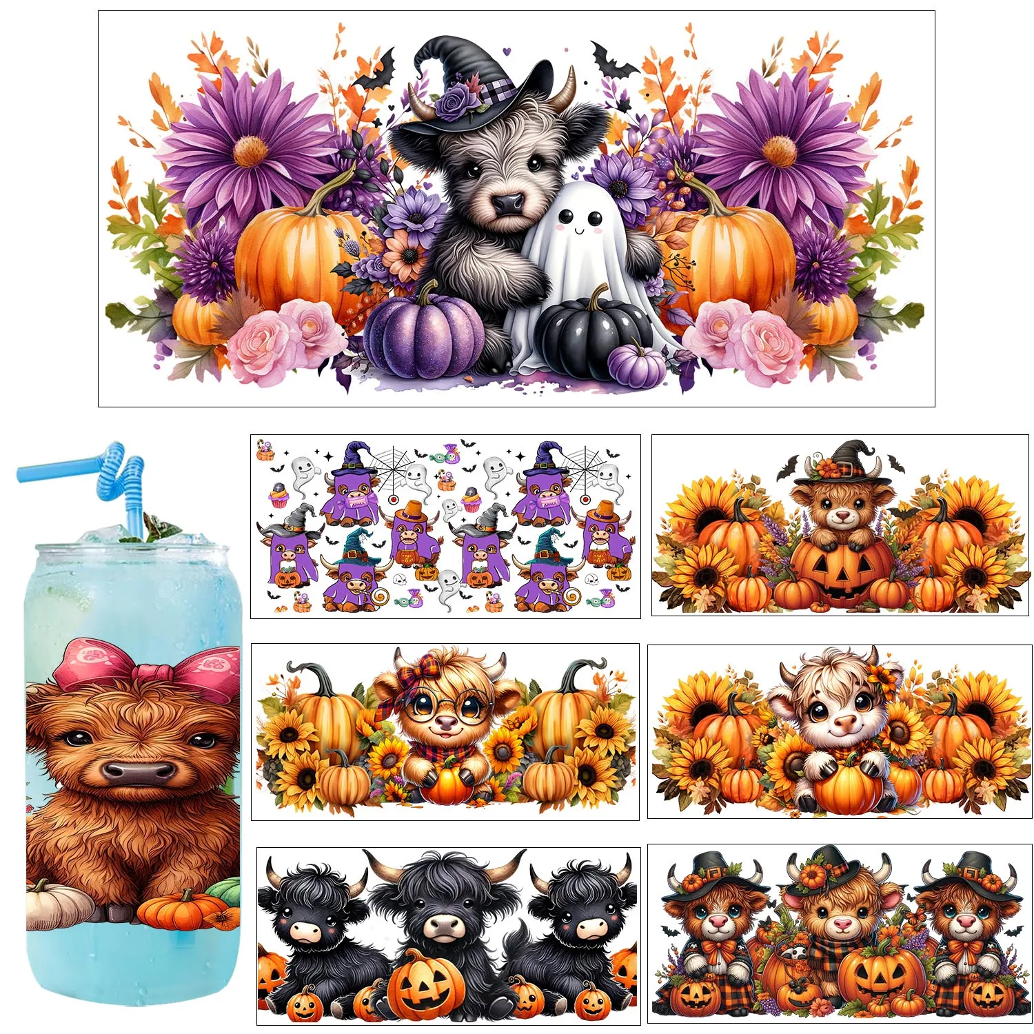 24 Style Halloween Highland Cattle waterproof Party DIY Decals 3D transfers uvdtf tumbler stickers 16oz uv dtf cup wraps