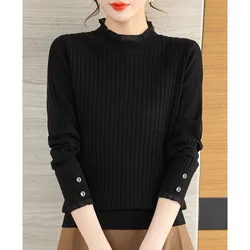 Suéter de punto con cuello de encaje para mujer, moda de otoño, Color sólido, suelto, versátil, ajustado, reductor de edad, nuevo