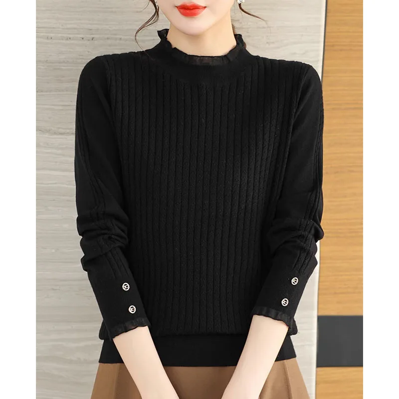 New Autumn Fashion Trend Lace Neck Fashionable Solid Color Loose Versatile Slim Age Reducing Women's Knitted Sweater