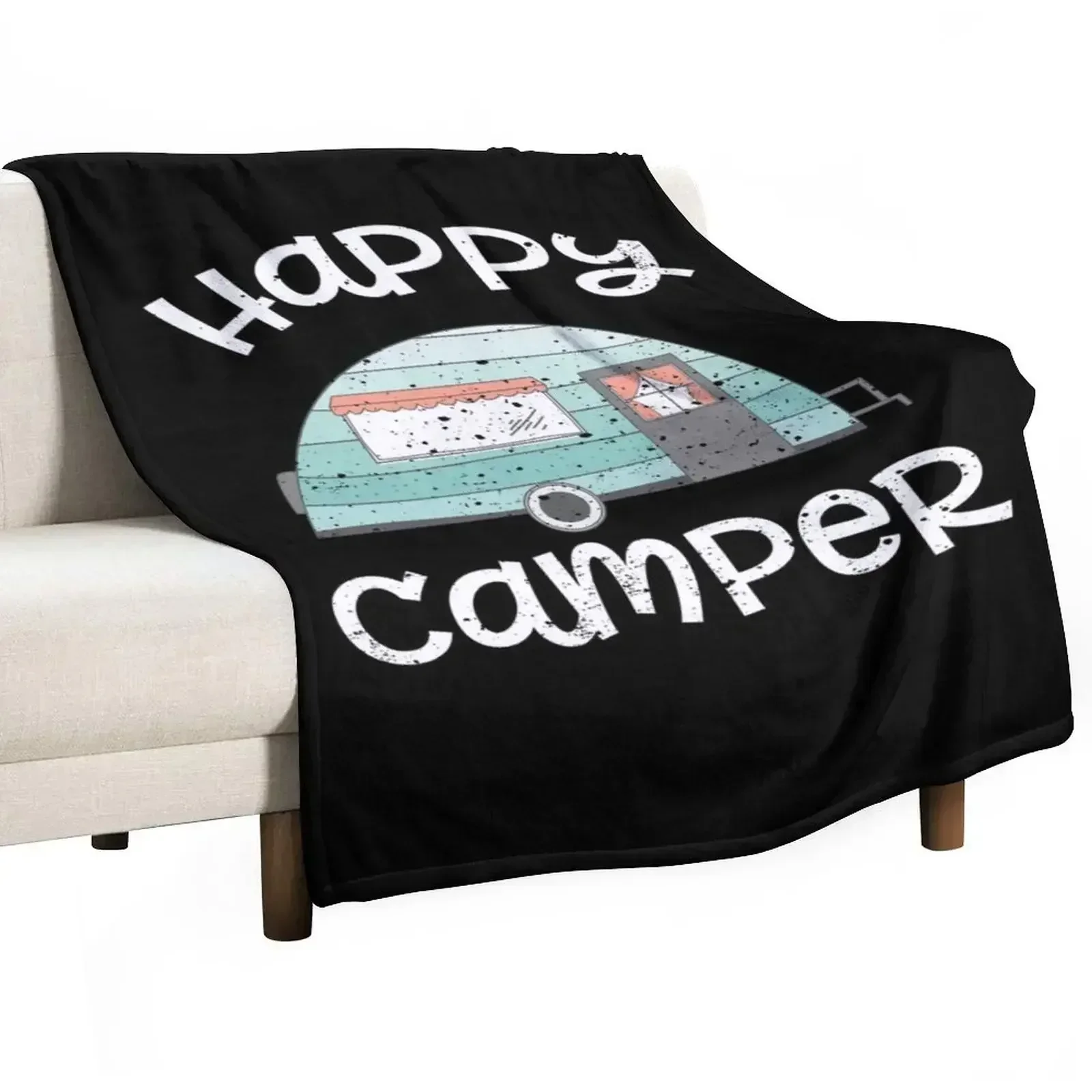 

Happy Camper Retro Trailer RV Caravan Camping Throw Blanket christmas gifts Personalized Gift Blankets