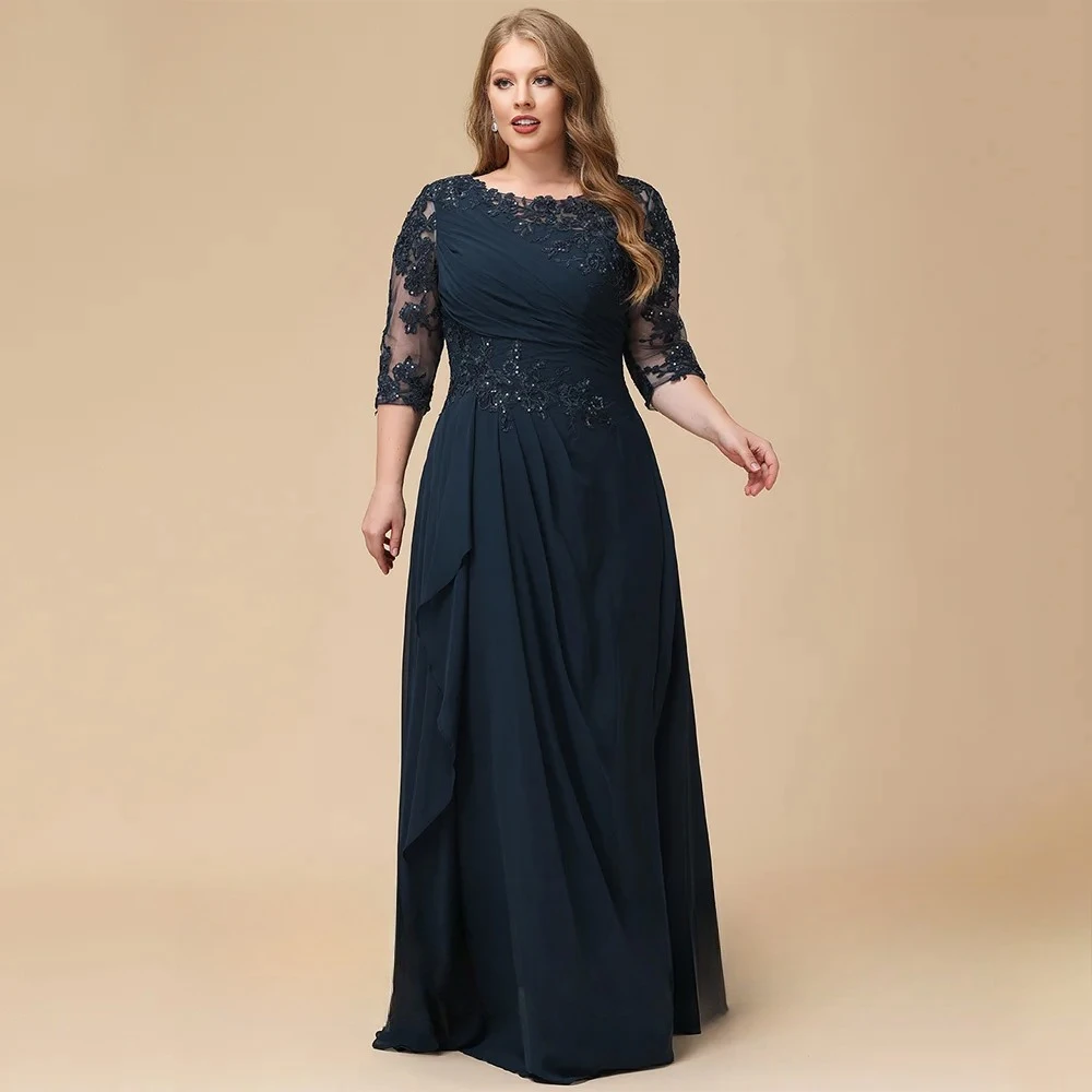 Navy Plus Size Mother of The Bride Dress Customized Scoop Neck 3/4 Sleeves Beading Applique Pleat Godmom Wedding Party Dresses