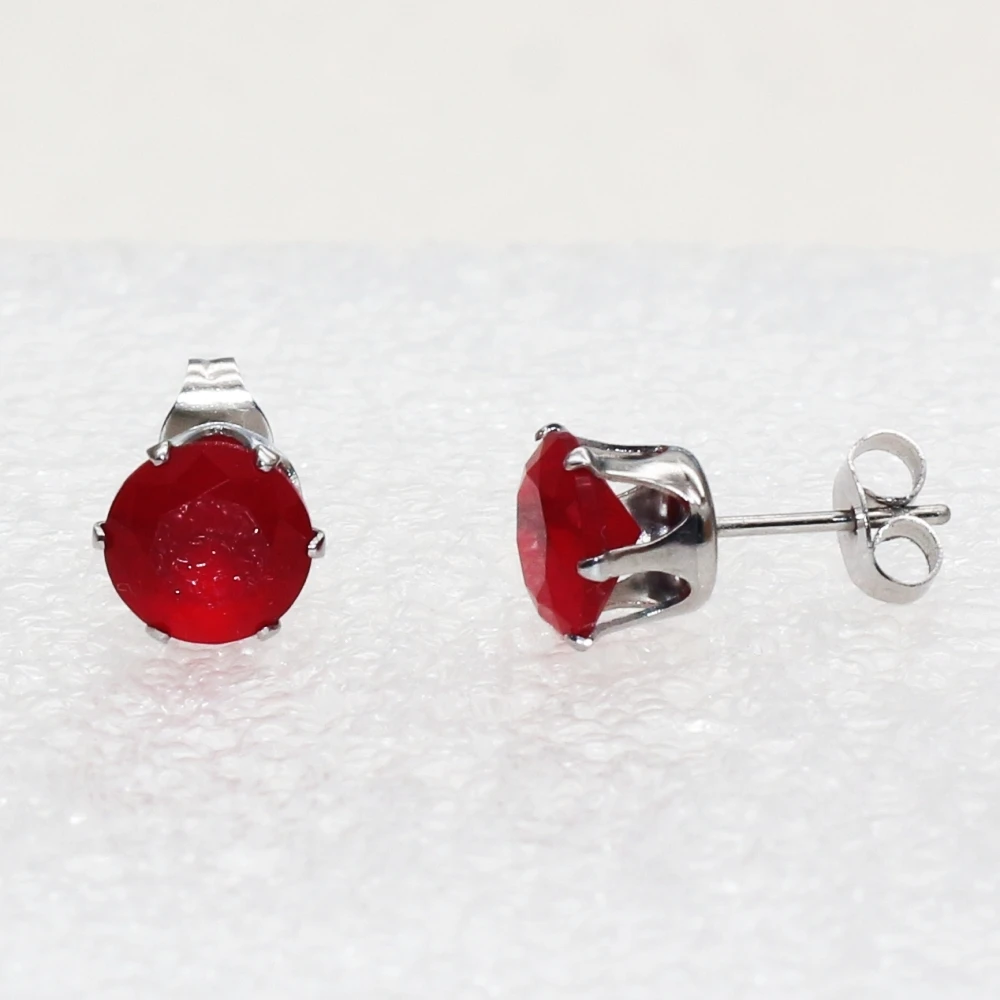 Stainless Steel Round Vintage Style Green Red And Blue Glass Stud Earrings For Men Women 6 7 8mm Allergy Free