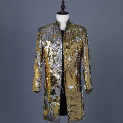 Shiny Gold Sequin Glitter Long Blazer Jacket Men Stand Collar Slim Fit Tuxedo Suit Blazers Mens Party Prom Stage Clothes Male