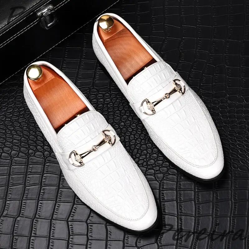 

White Leather Men's Loafers Fashion Metal Buckle Slip-On Flats Business Casual Shoes Spring Summer Comfort Soft Sole Male Shoes