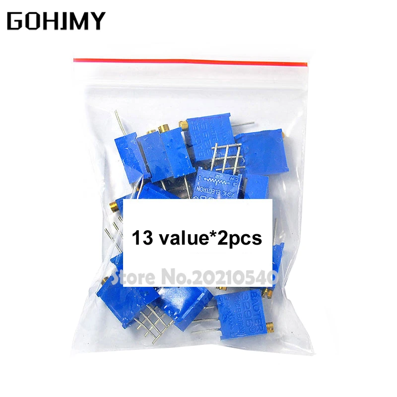 

3296W potentiometer 13values*2PCS 100R 200R 500R 1K 2K 5K 10K 20K 50K 100K 200K 500K 1M Variable resistors set