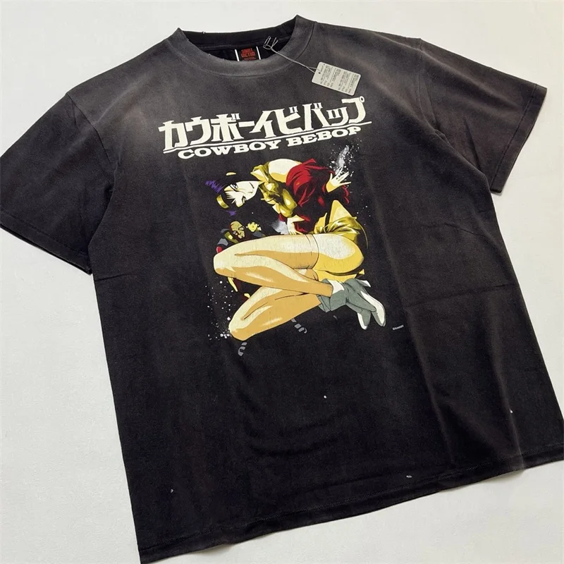 SAINT MICHAEL Anime Printing T Shirt Men Women 1:1 Best Quality Washed Black Oversized Short Sleeves