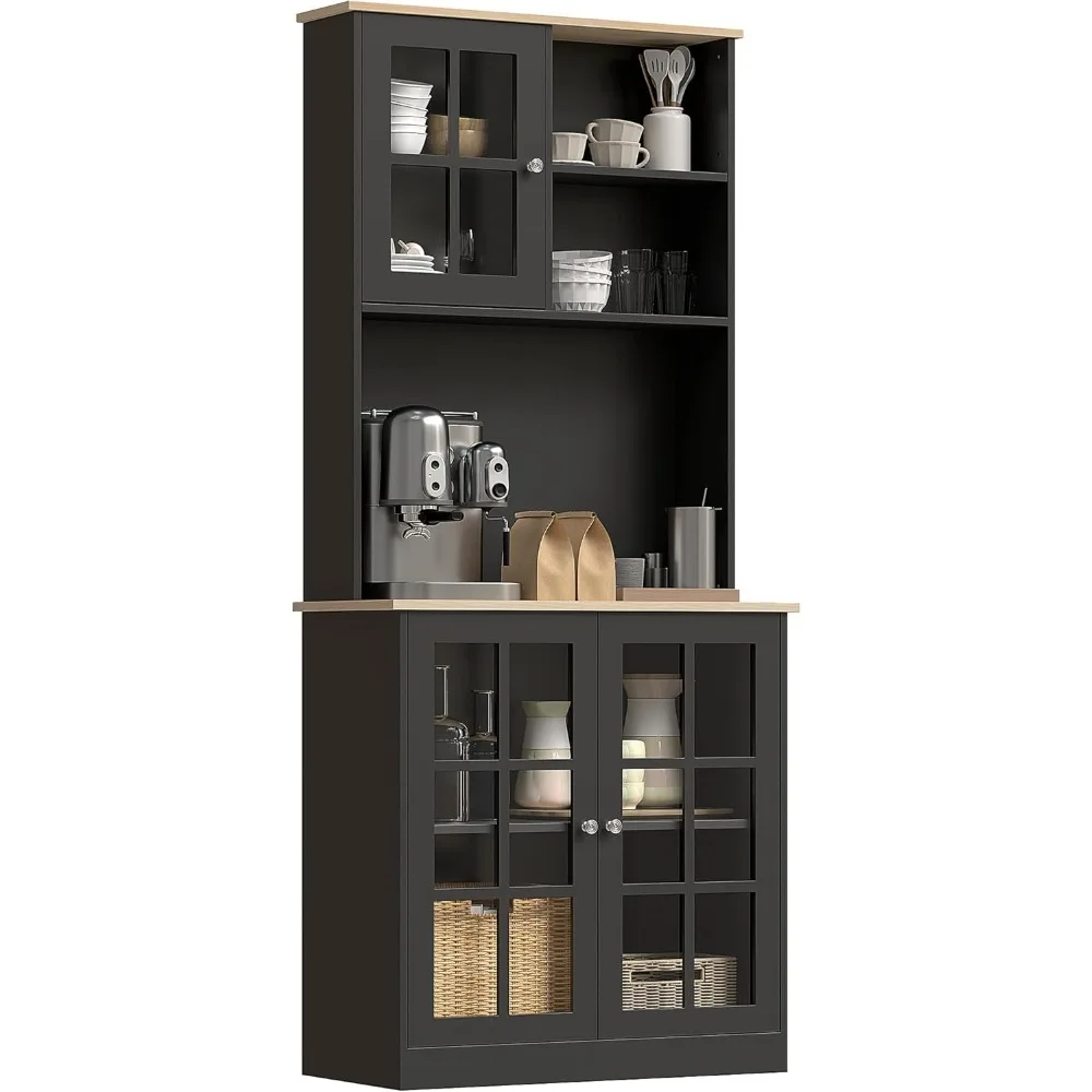 

Kitchen Pantry Storage Cabinet, 72" Freestanding Cabinet with Hutch, Large Countertop, Glass Doors and Adjustable Shelves for D