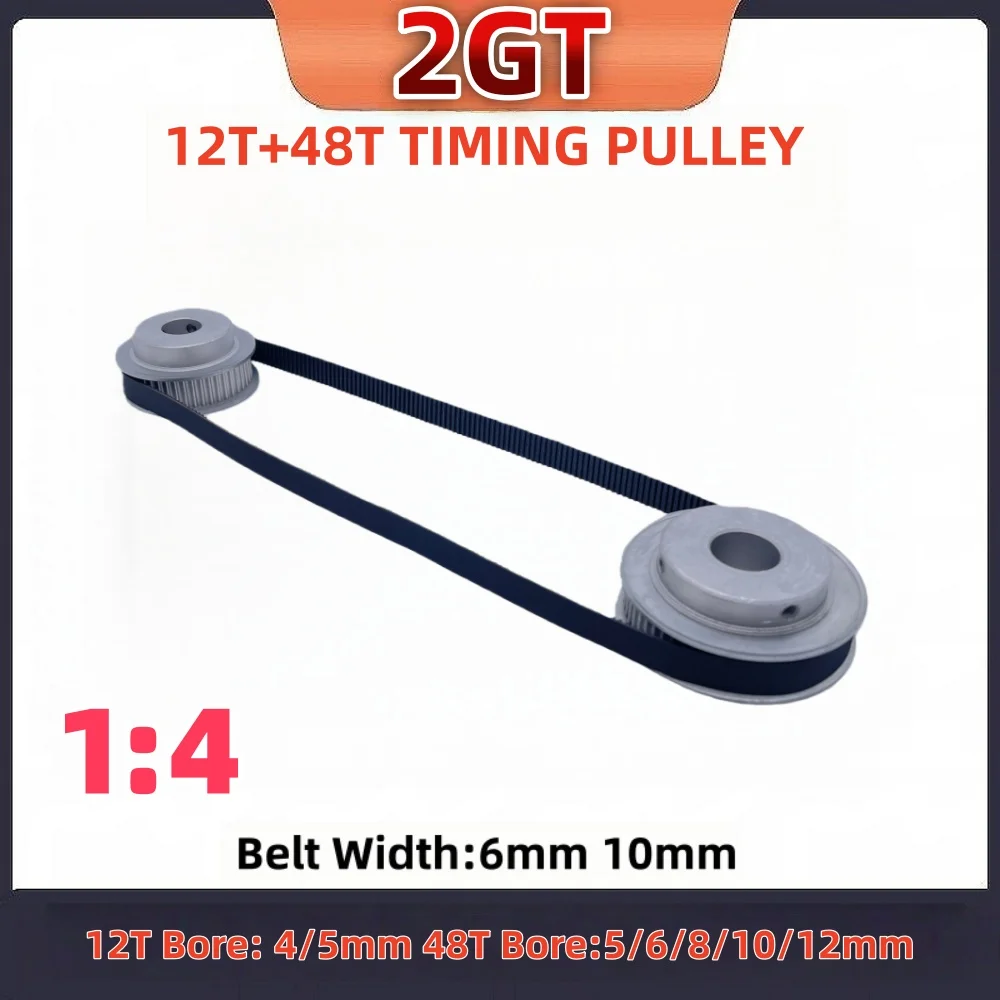 

12T 48T 2GT Timing Pulley Set Reduction 1：4 Belt Width 6mm 10mm 12Teeth 48Teeth GT2 Synchronous Pulley Belt Kit 2GT Belt Pulle