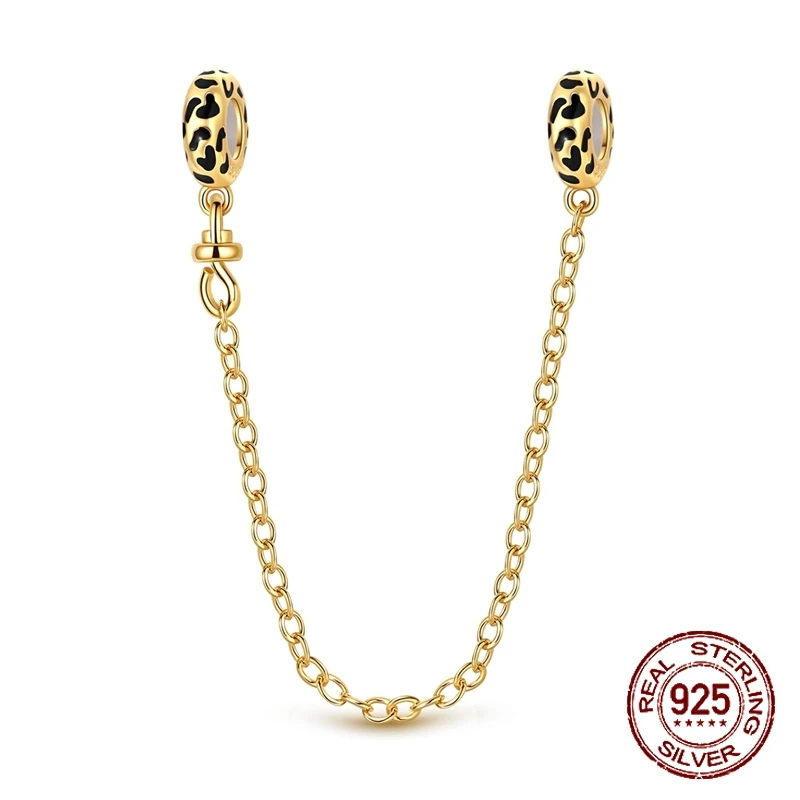 

Защитная цепочка с золотым леопардовым принтом, инкрустированная стерлингового серебра 925 пробы, подвески из бисера, подходят для оригинального браслета, ювелирные изделия своими руками