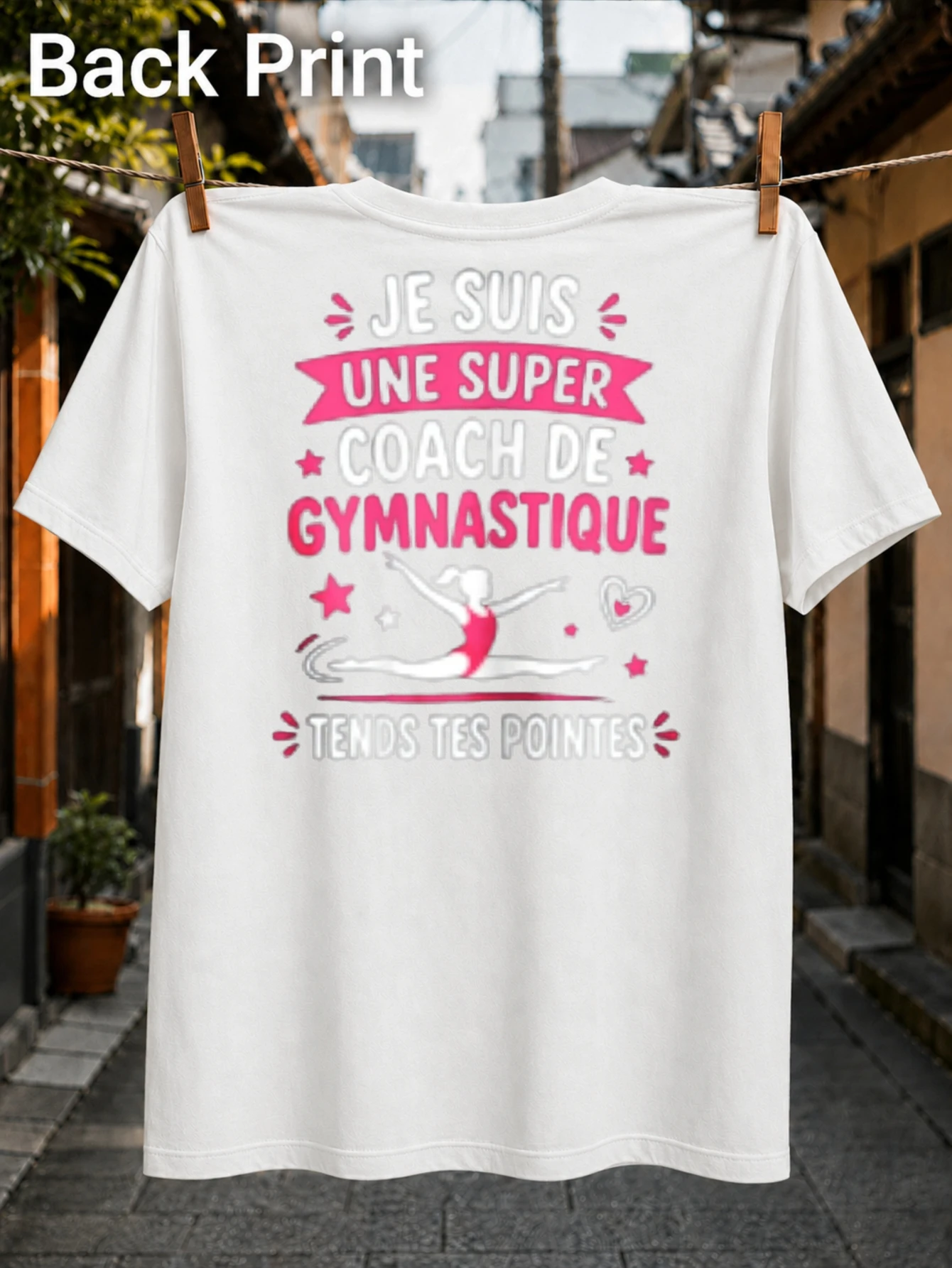 French Super Coach de Gymnastique quote with gymnast split silhouette and pink sporty lettering  Unisex All T-Shirt