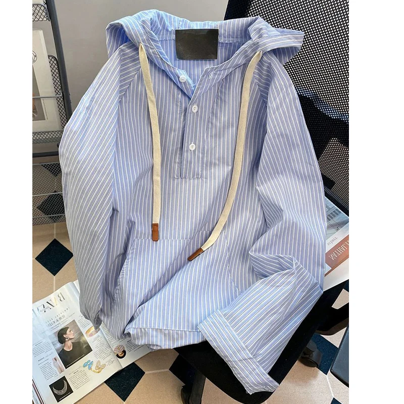 Men Designer Vertical Striped Hood Shirt Oversized Loose Spring Autumn Drawstring Hood Casual Half Button Pocket Outerwear