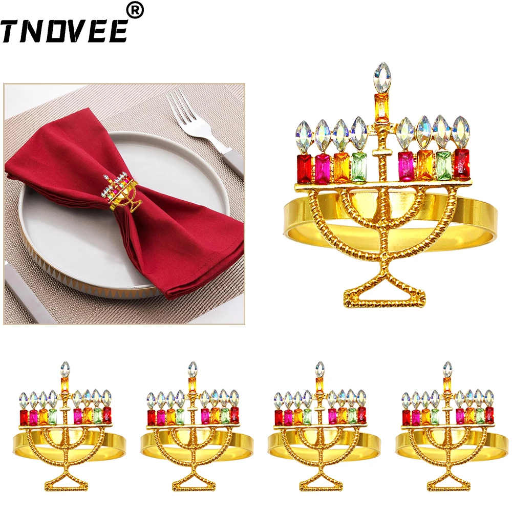 

6Pcs Hanukkah Napkin Rings Crystal Rhinestone Candlestick Napkin Hoder Gold Napkin Buckles for Xmas Wedding Party Table Decor