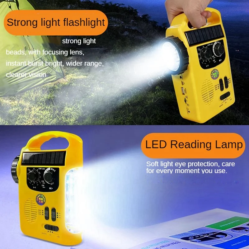 Radio de emergencia con manivela de bolsillo, Radio Solar AM/FM de 1200Mah con linterna LED, alarma SOS para acampar y aventuras al aire libre