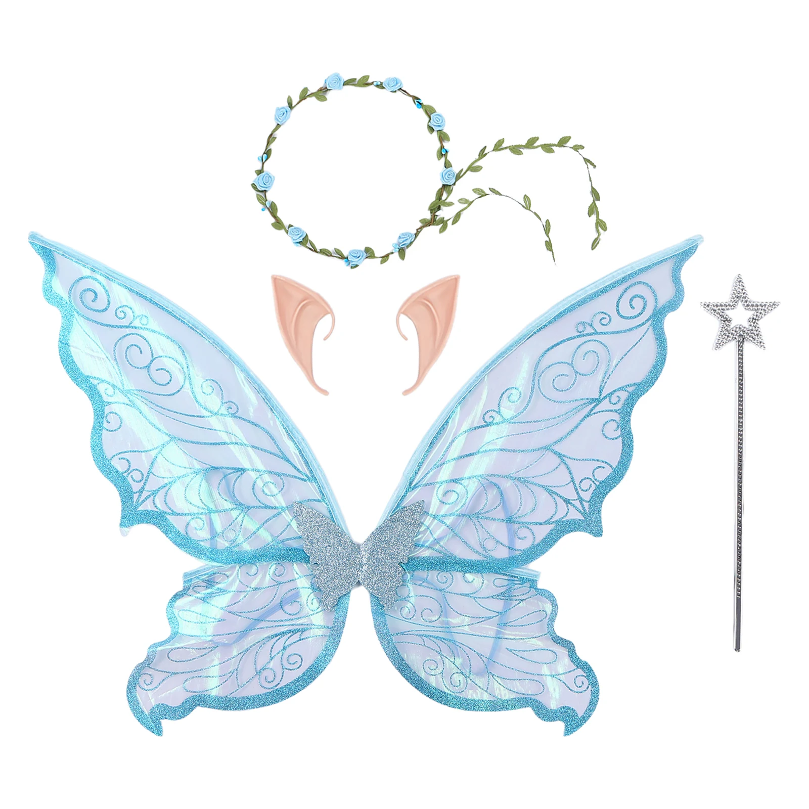 Conjuntos de fiesta de alas de mariposa y Ángel para niñas, alas de Ángel, orejas de elfo, varita mágica, accesorios de corona, suministro de Festival para Cosplay temático